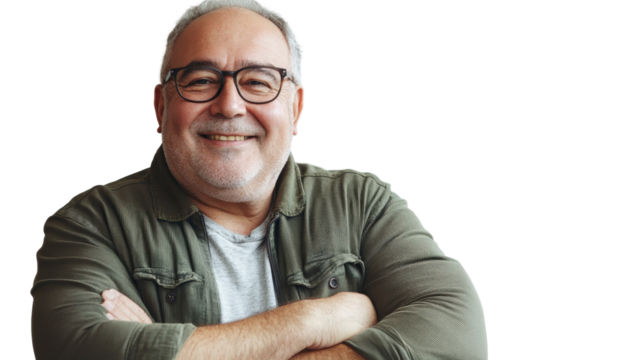 A confident senior overweight man smiling proudly, embracing his natural appearance, Transparent background, PNG file