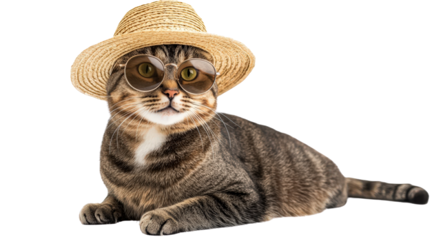 A cool tabby cat wearing round sunglasses and a straw hat, sitting confidently, Transparent background, PNG file