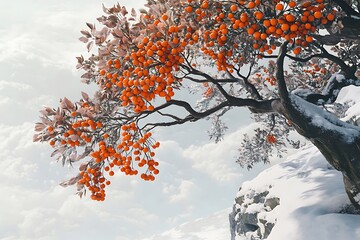 A dreamlike scene with a mountain ash tree, its orange berries a stark contrast to the snowy ground below.
