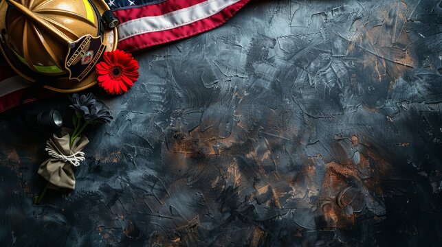 Patriot day celebration  american flag backdrop with firefighter helmet and floral wreath of honor