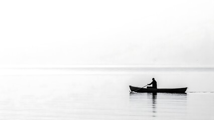minimalist black and white photography, lone figure in canoe, tranquil lake, misty horizon, serene atmosphere, negative space, silhouette, reflections on water