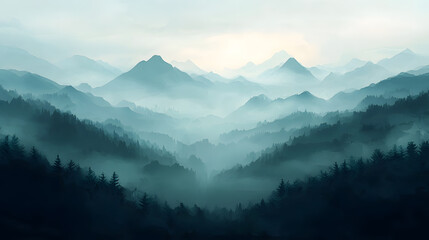 Naklejka premium Serene Mountain Vista: An ethereal panoramic landscape of layered mountain ranges, shrouded in a soft, atmospheric mist, evoking a sense of tranquility and vastness.