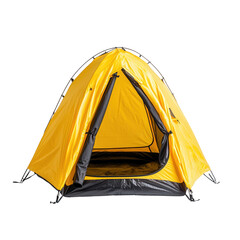 A vibrant yellow camping tent with an open entrance, designed for outdoor adventures and exploration. Ideal for camping lovers and nature enthusiasts.