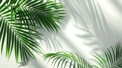 Obraz premium Tropical palm leaves cast elegant shadows on a white background, creating a fresh, summer, minimalist backdrop perfect for nature, ecology, or vacation themes. Copy space