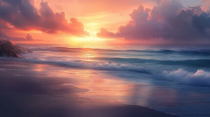 Fototapeta premium A breathtaking sunset paints the sky with vibrant orange and pink hues as gentle waves caress a tranquil sandy beach at dusk creating a serene coastal landscape.