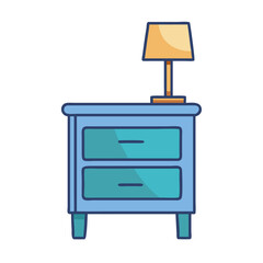 Illustration of a light blue nightstand with drawers and a lamp for bedroom furniture design idea