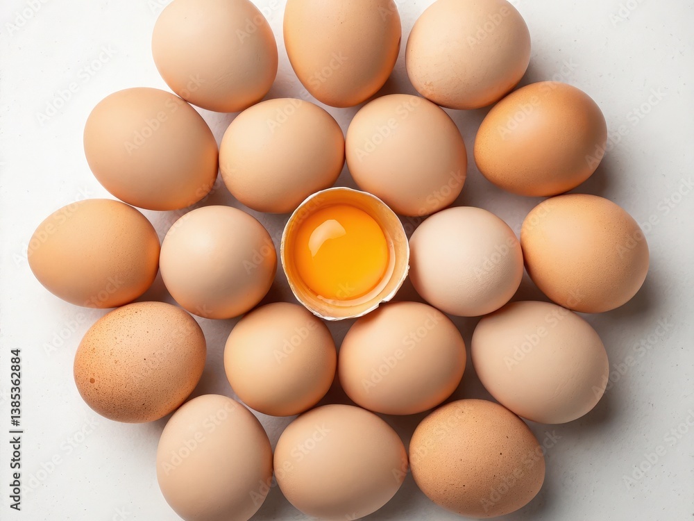 Poster a collection of brown eggs arranged in a circular pattern on a white surface, with one egg cracked o