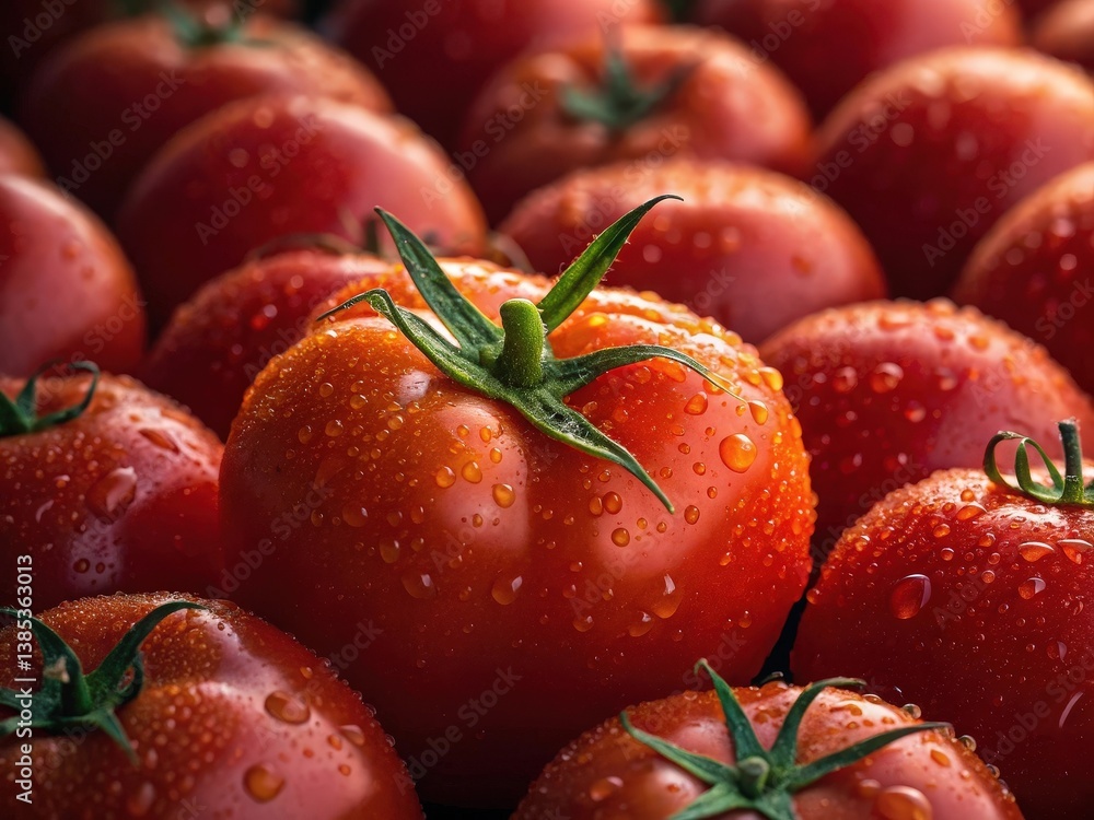 Poster a close-up of ripe tomatoes with drops of water visible on their surface.