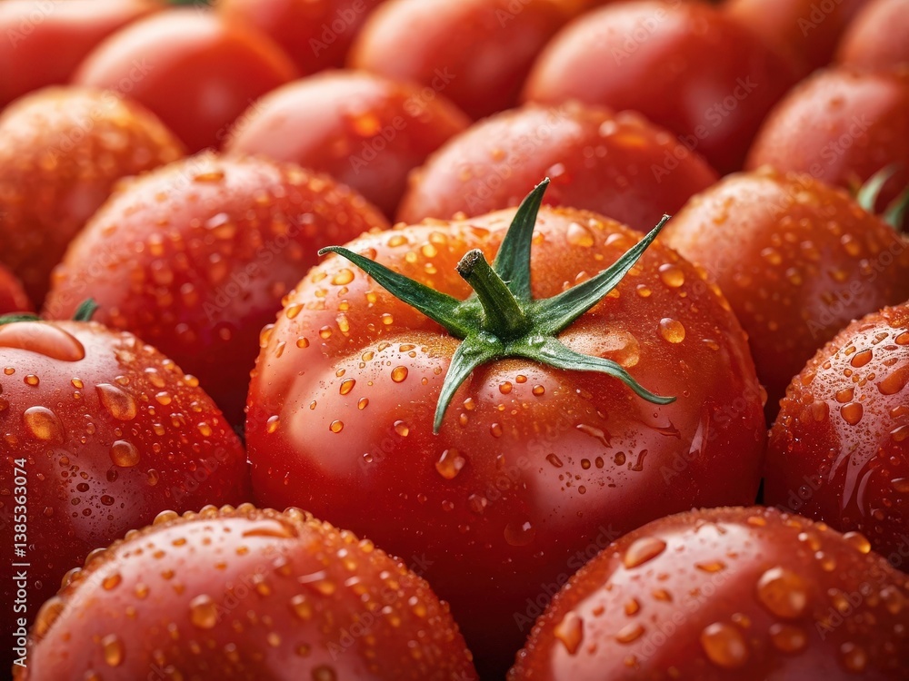Poster a close-up of ripe tomatoes with droplets of water still on them, indicating they have been recently