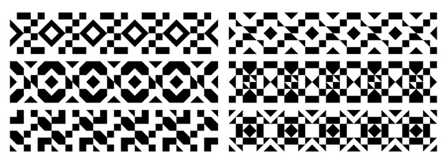 geometric abstract pixel black shapes pattern set, seamless elements collection made of triangles and squares, pixel elements form, modern design for card, invitation, wallpaper	