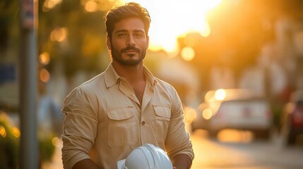 Confident worker, urban sunset, holding helmet, street background, construction