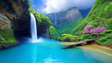 Obraz premium A serene waterfall in Japan, framed by a traditional wooden bridge and vibrant cherry blossoms in spring