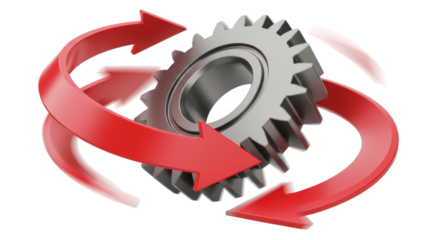 Isolated Metal Gear Encircled by Red Arrows Indicating Rotation Process