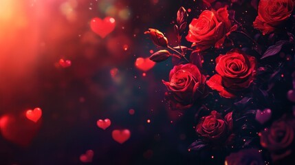 A vibrant love-themed background featuring radiant red roses and floating heart shapes creating a romantic atmosphere