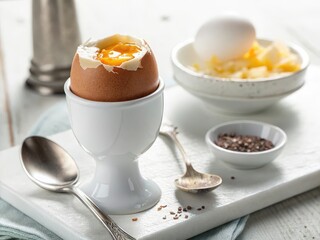  A white egg with a runny yolk sits in an egg cup next to a bowl of grated cheese on a blue plate.