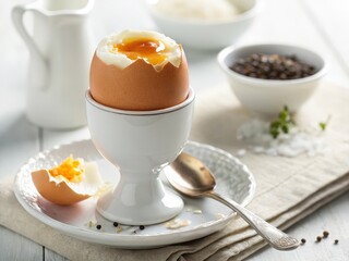  A white egg with yolk intact sits atop a white plate, accompanied by a small bowl of spices. The table is adorned with other dishes and utensils, including a cup of coffee and a glass of water.
