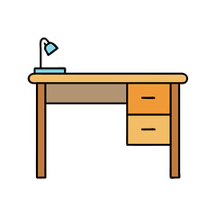 Illustration of a wooden desk with drawers and a lamp for study and work space in home office setup