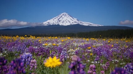 Vibrant wildflowers bloom in foreground of majestic snow-capped mountain under a clear blue sky