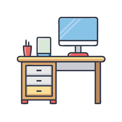 Illustration of desk with computer screen and office supplies for workspace and study area design ideas