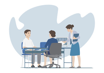 woman on office environment have discussion sitting in front of her customer service client next to coworker hand a document standing next to her boss with grey background