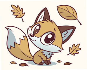 Fototapeta premium Cute chibi fox looking up surrounded by falling leaves 