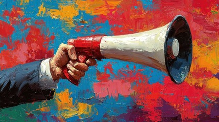 Hand holding megaphone, vibrant abstract background, public announcement, artistic stock photo