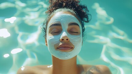 Naklejka premium Woman relaxing, face mask, pool, summer, spa treatment, skincare
