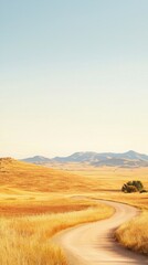 Obraz premium Winding Dirt Road Through Golden Fields, Majestic Mountains in the Distance, Serene Landscape