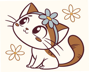 Fototapeta premium Cute chibi cat with flower headband smiling among flowers 