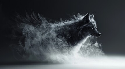 Obraz premium A majestic black wolf emerges from swirling mist, exuding a mystical and powerful presence in a dark setting.