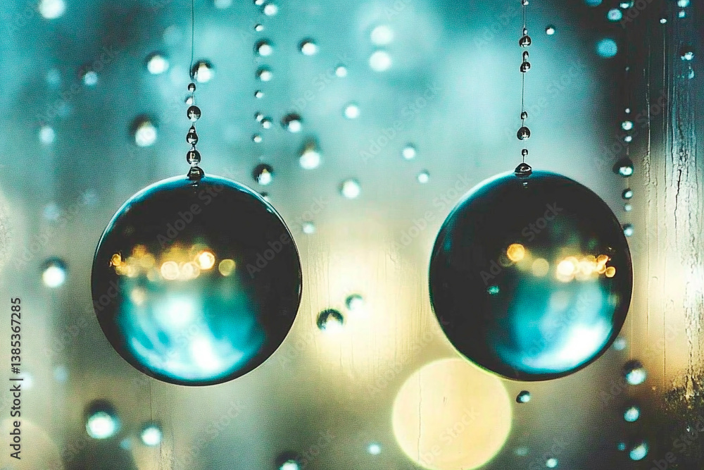 Poster two glass spheres hanging on thin strings with water droplets and bokeh lights in the background, cr