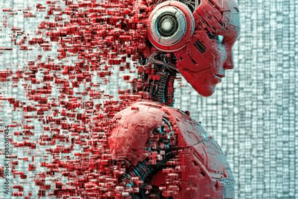 Poster a red humanoid robot disintegrating into digital fragments against a matrix background, symbolizing 