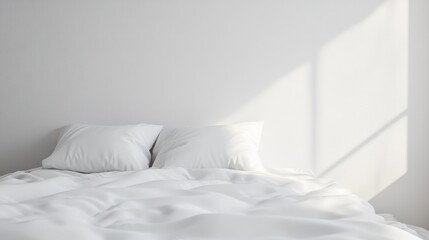 Empty bedroom, white bed, sunlight through window, interior design, minimal style