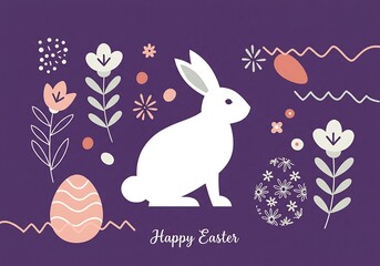 Obraz premium A serene Easter bunny nestled among delicate floral designs and pastel eggs on a rich purple background, conveying springtime peace and joy.