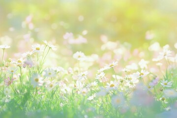 Fototapeta premium White daisy flowers are blooming in a bright sunny meadow
