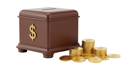 Isolated Savings Box with Dollar Sign and Gold Coins Stack