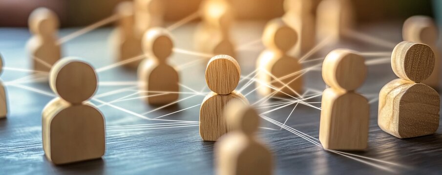 Wooden figures linked by threads, symbolizing a resilient and cohesive community network