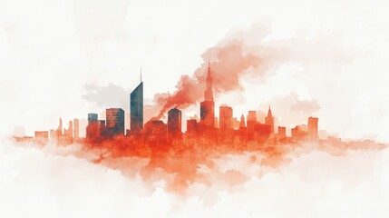 Fototapeta premium Watercolor Cityscape Abstract, Buildings Silhouetted in Warm Tones Against White Sky