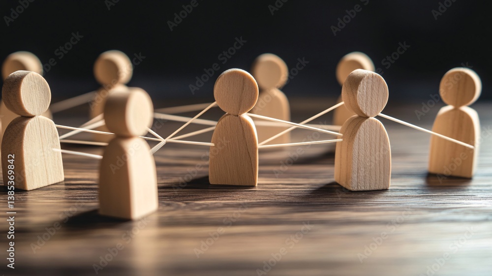 Poster Wooden figures on a dark backdrop linked by string, representing the power of networking and teamwork