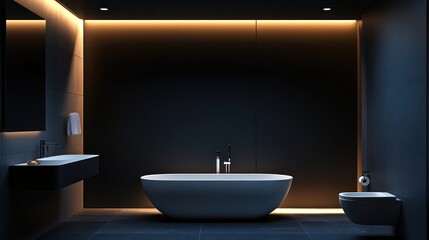 Modern dark bathroom interior, minimalist design, illuminated walls, modern bathtub and sink