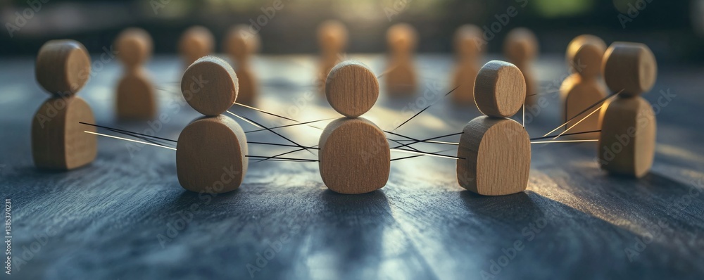 Poster Wooden figures connected by strings represent the intricate network of human relationships and interdependence