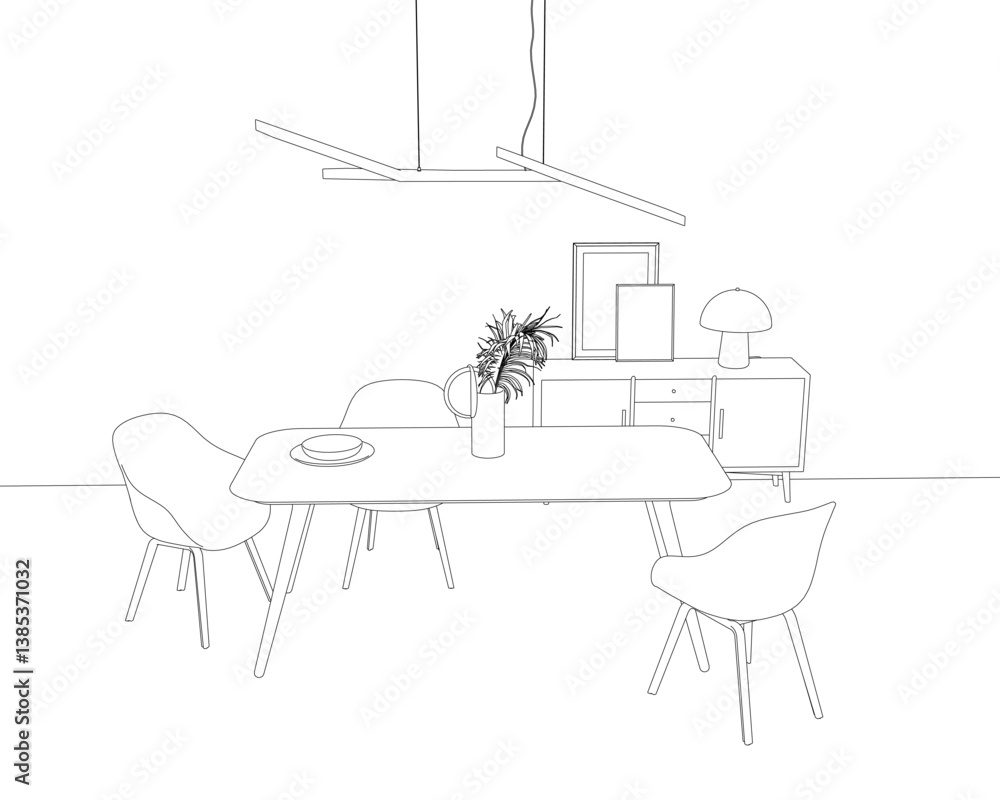 Poster a simple drawing of a dining room with a table and chairs. the table is set with a plate and a vase 
