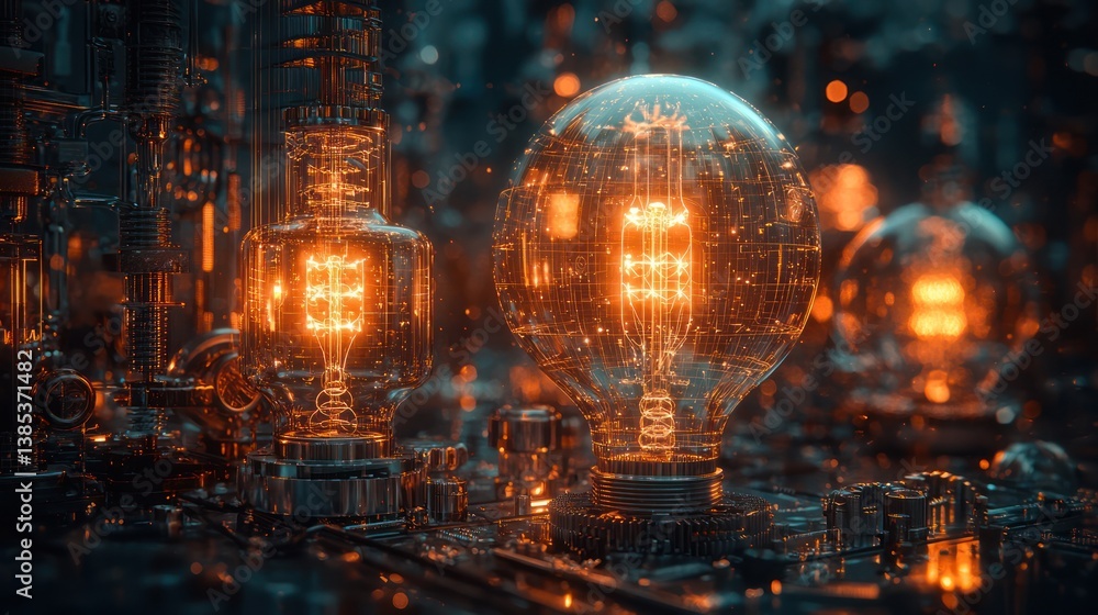 Poster futuristic glowing light bulbs in a complex mechanical setting. possible use stock photo