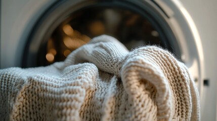 Fototapeta premium Cozy cream-colored knit sweater in a washing machine cycle