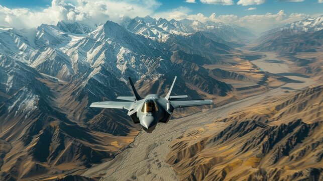 Dynamic view of f 35 fighter jet soaring through cloudy skies with scenic patchwork fields below