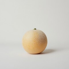 A single cantaloupe in close-up, isolated on a white background. Featuring smooth orange flesh and green rind