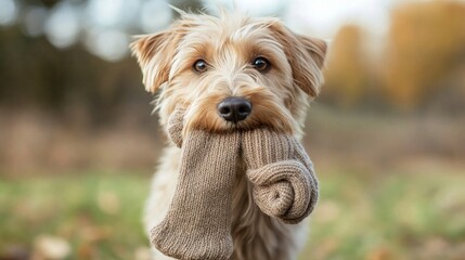 Adorable tan dog holding knit sock in mouth on grass