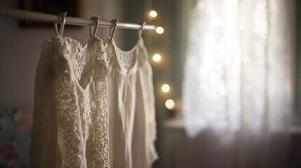 Elegant lace dresses hanging in soft natural light