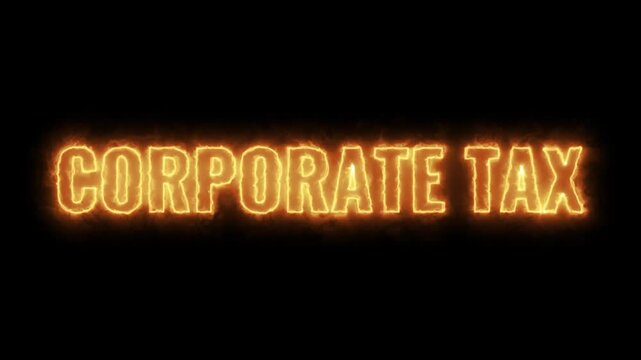 Corporate Tax Burning Text Animation, Fiery Business Finance Visual, Glowing Heat Effect Background