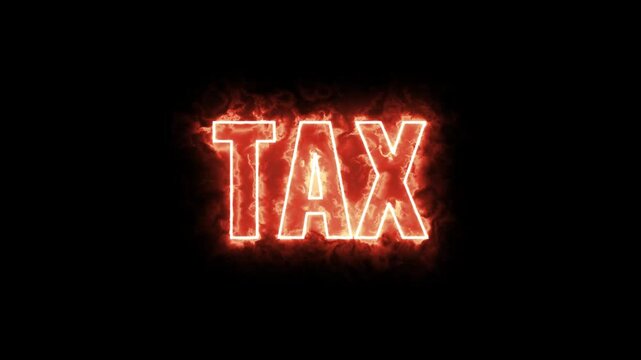 Burning &ldquo;Tax&rdquo; Text Animation, Glowing Word Fire Effect, Financial Crisis Visual, Transparent Background overlay